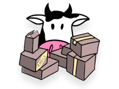 Moove's cartoon cow unpacking moving crates
